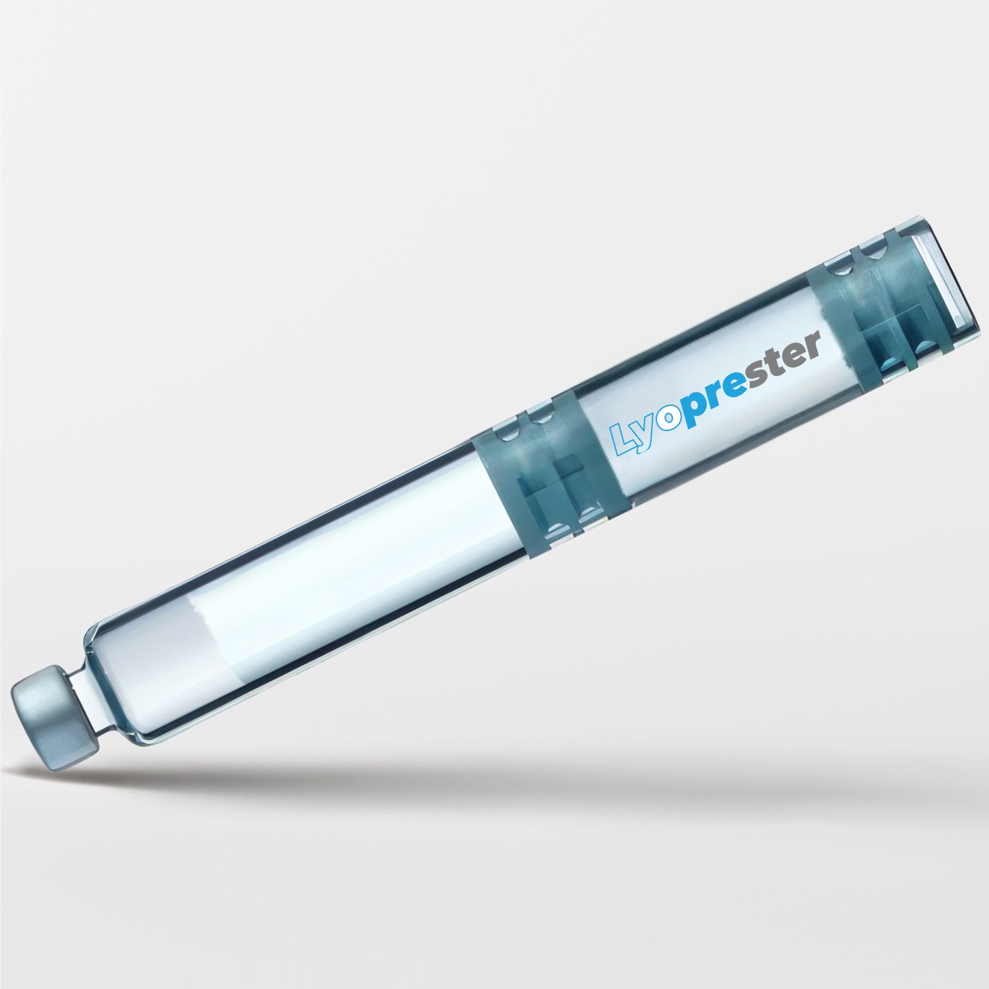 A peptidic liquid freeze-dried into a lyophilized peptide cake inside a Lyoprester cartridge — the peptide formulation's stable form, Panacea Bio Chem, by Bogdan Dicoias